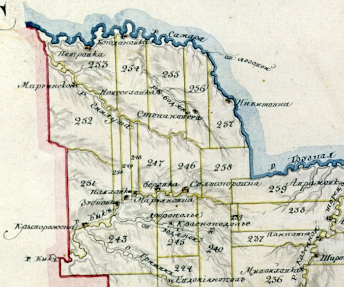 На фрагменте карты позапрошлого века отмечены земли генерала  Коновницына (участок №253)