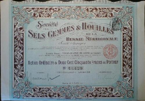 Societe des Sels Gemmes & Houilles de la Russie Meridionale. Обыкновенная акция на 250 франков.  1911 г.