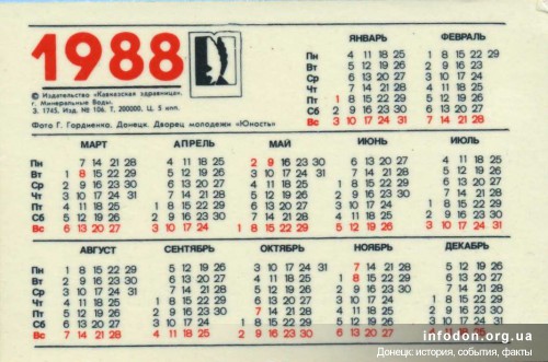 Реверс карамнного календаря на 1988 год. Тираж 200 000 экземпляров. Цена 5 коп.