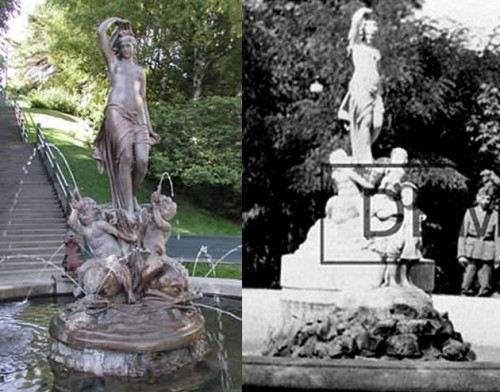 Два фото для сравнения. Слева – фонтан в Вашингтоне, справа — в городе Сталино. Сходство как говориться на лицо, но в отличие от оригинала, на нашем фонтане пути не трубят в раковину